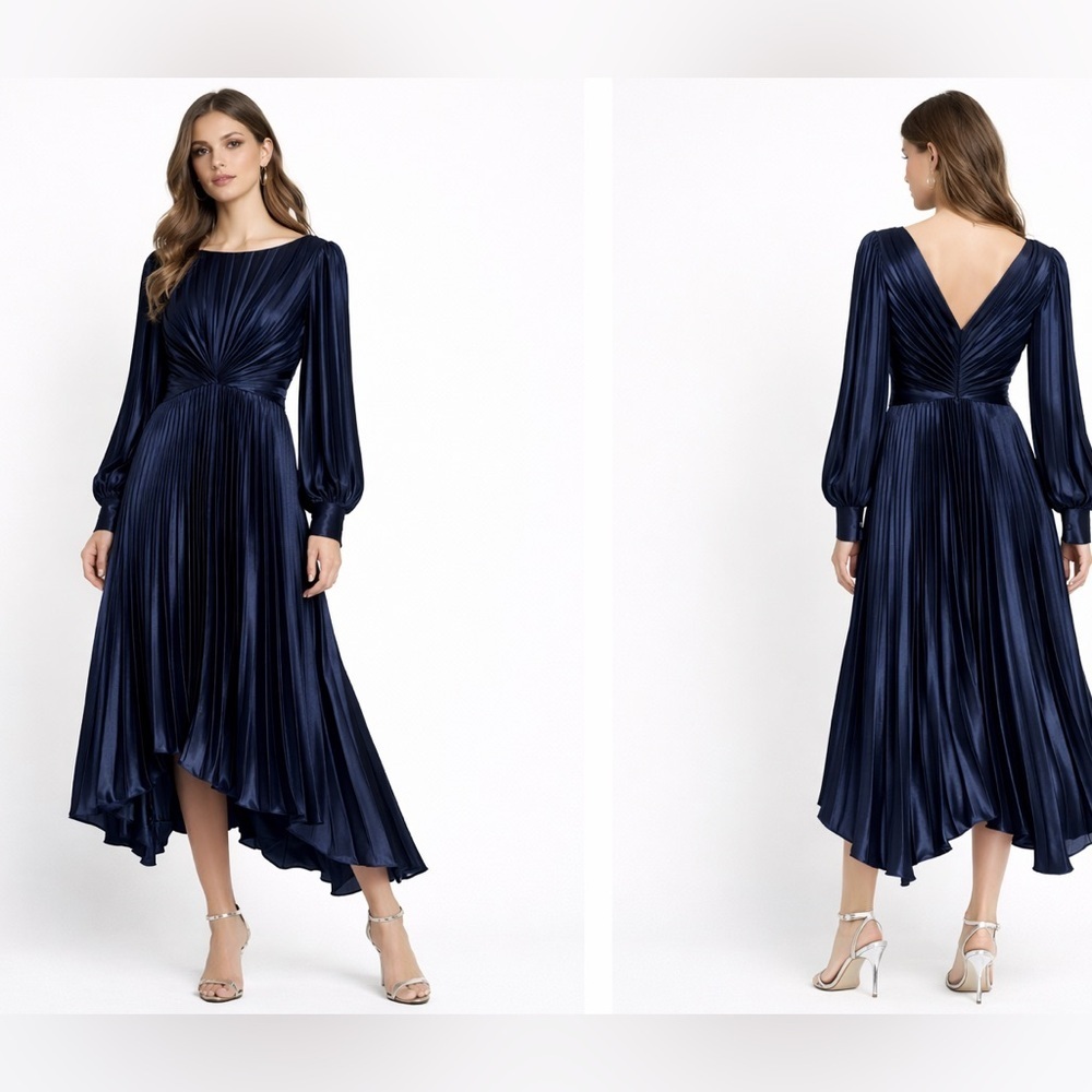 Sandro Paris Navy Pleated Satin Midi Dress Boat Neck V-Back EU 40 - Picture 13 of 13